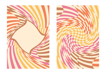 Groovy checkered backgrounds set. Retro 60s 70s hippy cover design with copy space for text. Abstract orange posters in Y2K style. Vector wallpaper and frame collection for print templates or textile.