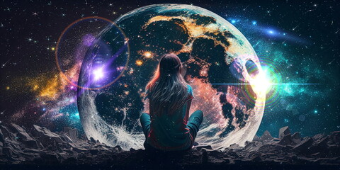  young woman sit on earth and watch big moon  on space night starry sky flares esoteric concept background generated ai