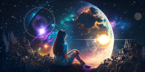  young woman sit on earth and watch big moon  on space night starry sky flares esoteric concept background generated ai - obrazy, fototapety, plakaty
