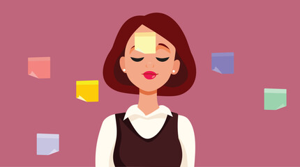 Businesswoman with Sticky Notes Reminders on her Forehead Vector Cartoon. Sad overworked person feeling confused and forgetful 
