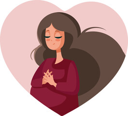 Happy Pregnant Woman Feeling Emotional and Ready Vector Cartoon Illustration. Smiling mother to be caressing her baby bump
