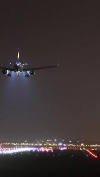 The plane lands at the airport at night, vertical