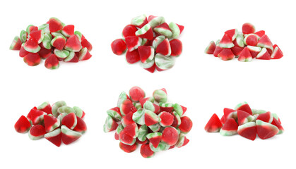 Collage with watermelon gummy candies on white background. Jelly sweet
