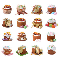 Collage of festively decorated Easter cakes on white background