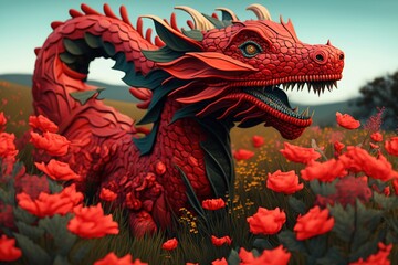 A beautiful Chinese dragon, red, made of wood, among the branches of a forest. AI generated.