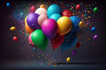 Illustration of many colorful balloons sprinkled with confetti, background for celebrations. IA generated.
