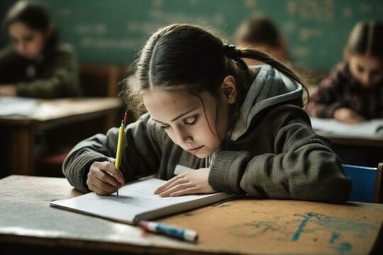 A Girl Struggles On Her Desk In A Humble Rural School In Latin America. IA Generated.