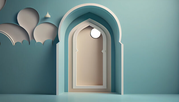 ramadan kareem background with mosque and lanterns. 3d illustration