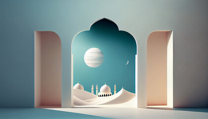 ramadan kareem background with mosque and lanterns. 3d illustration