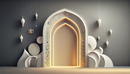ramadan kareem background with mosque and lanterns. 3d illustration