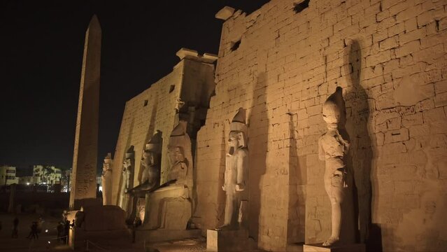 Obelisk at Luxor Temple, Egypt at Night Illuminated with Light