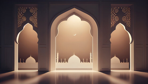 ramadan kareem background with mosque and lanterns. 3d illustration