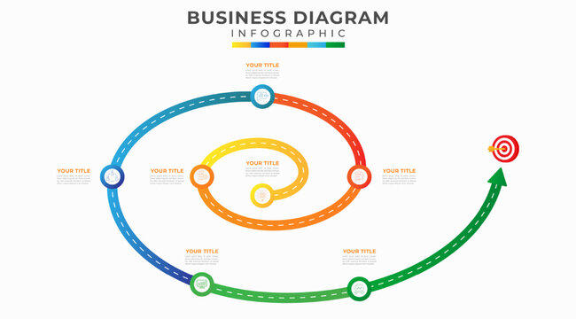 7 Steps Modern Timeline diagram with spiral road concept and symbol icon, presentation vector infographic. Infographic template for business. 