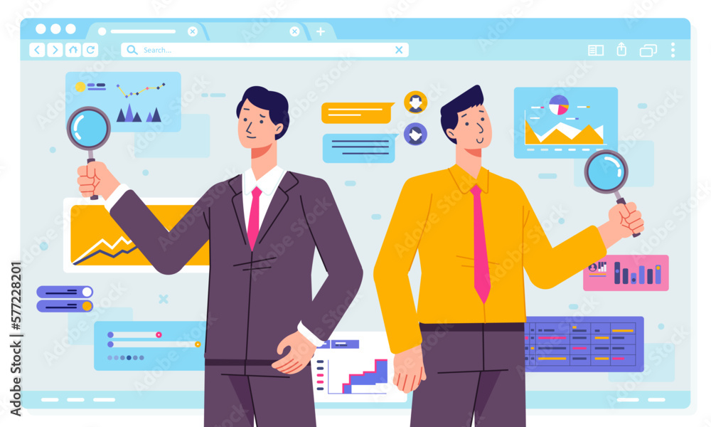 Aufkleber two man character looking and magnifying glass about business info graphic on floating chart graph s