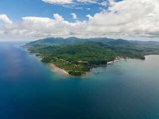 Top view of Balabac island with tropical forest and blue sea. Palawan. Philippines.