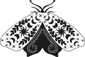 Mystery Moon Moth vector illustration.  Magic floral insect on white background.