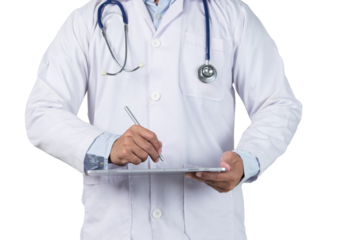 male doctor is holding stethoscope into the camera