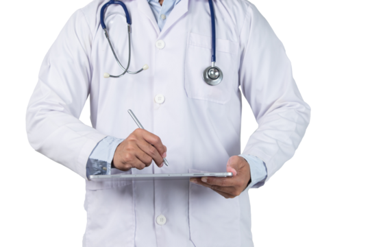 male doctor is holding stethoscope into the camera