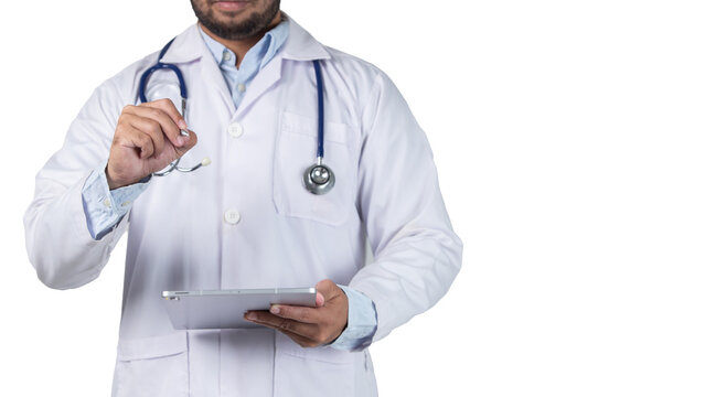 male doctor is holding stethoscope into the camera