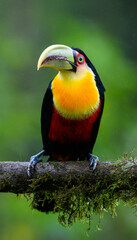 Red-breasted Toucan portrait on  mossy stick on rainy day against dark background