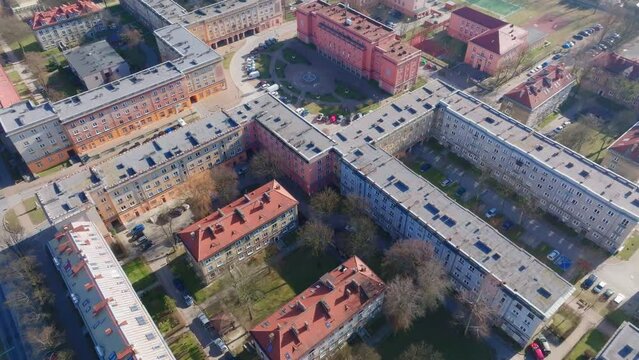 View of the housing estate in the city of Tychy on one of the housing estates. Photo from the drone on Tychy and the urban housing estate, the central point.