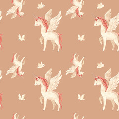 watercolor seamless pattern horse with wings illustration for kids