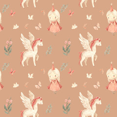 watercolor seamless pattern horse with wings illustration for kids