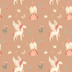watercolor seamless pattern horse with wings illustration for kids