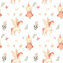 watercolor seamless pattern horse with wings illustration for kids