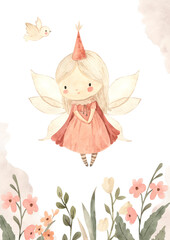Fairy girl watercolor template for nursery, baby shower, invitation for birthday party