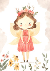 Fairy girl watercolor template for nursery, baby shower, invitation for birthday party