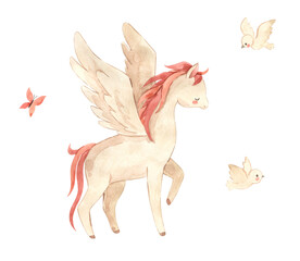 Fototapeta na wymiar Watercolor horse with wings illustration for kids