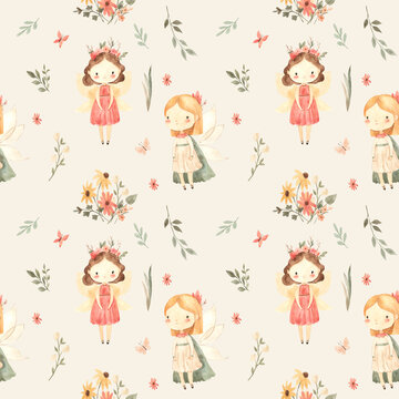 watercolor seamless pattern fairy girl illustration for kids