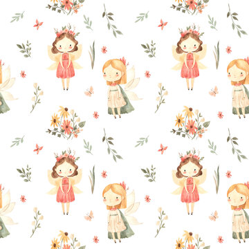 watercolor seamless pattern fairy girl illustration for kids