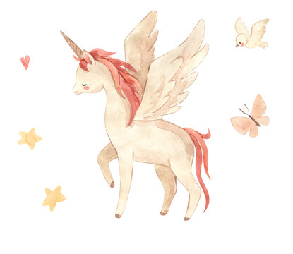 Watercolor horse with wings illustration for kids