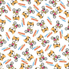 Colorful seamless pattern with cute cartoon teddy bear riding bicycle . Endless texture for fabric, baby clothes, background, textile, wallpaper and other decoration.