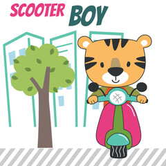 Vector illustration of cute tiger Riding Scooter. Can be used for t-shirt printing, children wear fashion designs, baby shower invitation cards and other decoration.