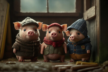 the story of the three little pigs, illustration the three pigs,cute, generative ai © VicenSanh