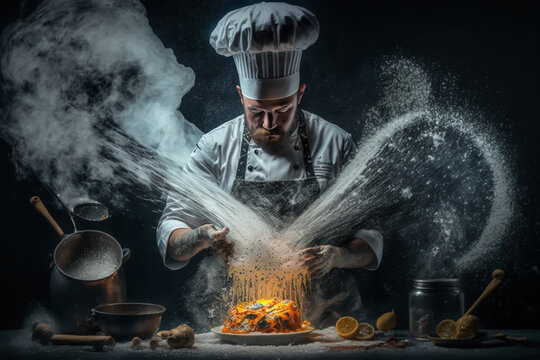 Show cooking, isolated illustration,  food, cuisine, chef, kitchen, master, generative ai