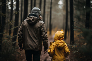 Rear view of a child and parent in a forest looking, contemplating, hiking, enjoying nature, generative ai - obrazy, fototapety, plakaty