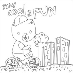Cool bear and motorcycle funny animal cartoon. Creative vector childish design for kids activity coloring book or page.