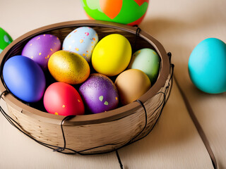 Fototapeta na wymiar Colorful Easter Eggs in a Traditional Weaved Basket