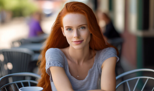 Portrait of a young woman with ginger hair sitting in a coffee shop in a beautiful day, generative ai