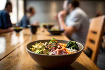 Organic food: salmon poke bowl with rice, fresh cucumbers, red cabbage and avocado close-up in a wooden table in a restaurant with blurred people background, generative ai