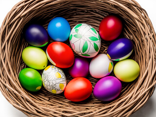Fototapeta na wymiar Colorful Easter Eggs in a Traditional Weaved Basket