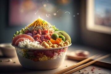 Organic food: salmon poke bowl with rice, fresh cucumbers, red cabbage and avocado close-up in a wooden table, generative ai