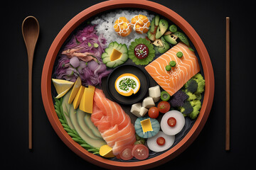 Fototapeta na wymiar poke bowl with salmon, tuna, edamame beans and vegetables islated on background. top view, generative ai