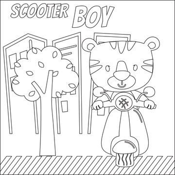 Cute Little Tiger Riding Scooter, Funny Animal Cartoon,vector Illustration. Childish Design For Kids Activity Colouring Book Or Page.