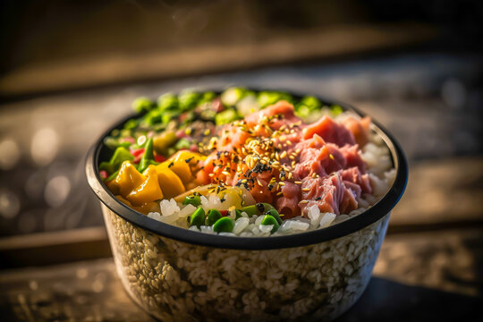 Organic food: salmon poke bowl with rice, fresh cucumbers, red cabbage and avocado close-up in a wooden table, generative ai
