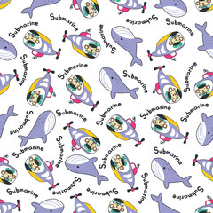 Seamless pattern of submarine with cute sailor under sea. Cute Marine pattern for fabric, baby clothes, background, textile, wrapping paper and other decoration.